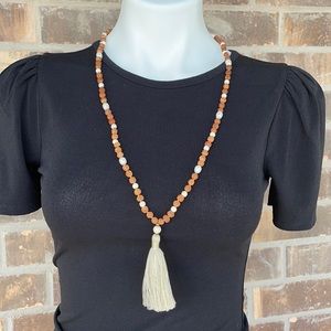 Brown & Cream Beaded Necklace With Tassel